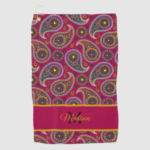 Cute Classic Paisley Red Yellow Monogram Golf Towel