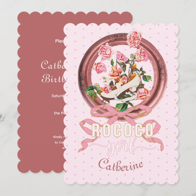 Cute Classic Pink Rococo Girl Roses Bow Shoe Invitation (Front/Back)