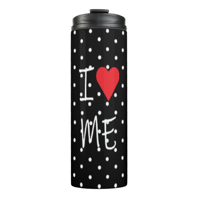 Cute Classy Black White Polka Dot Red Heart Love Thermal Tumbler (Front)
