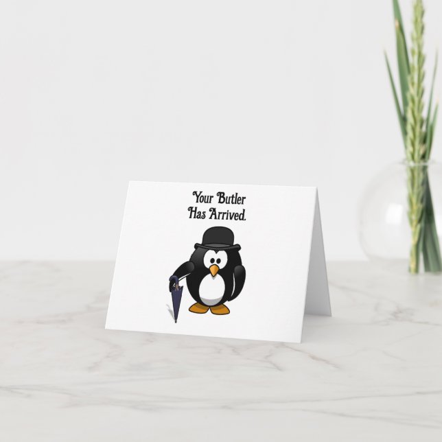 Cute Classy Butler Penguin Cartoon with Umbrella Card (Front)
