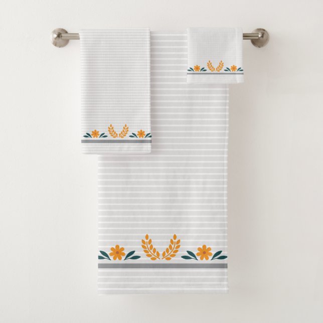 Cute classy floral in orange and stripes Trendy Bath Towel Set (Insitu)