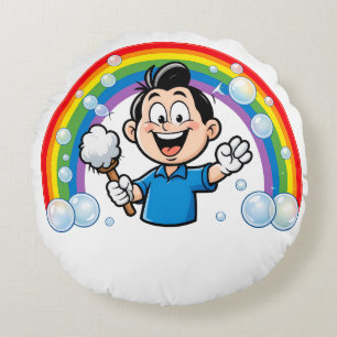 Cute Cleaning Mascot Rainbow Cartoon Design Art Round Cushion