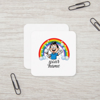 Cute Cleaning Mascot Rainbow Cartoon Design Art Square Business Card