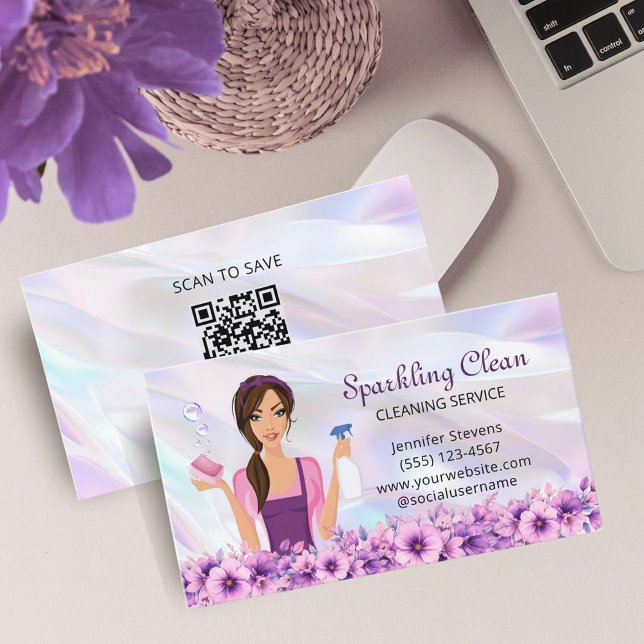 Cute Cleaning Service Maid QR CODE Business Card (Creator Uploaded)
