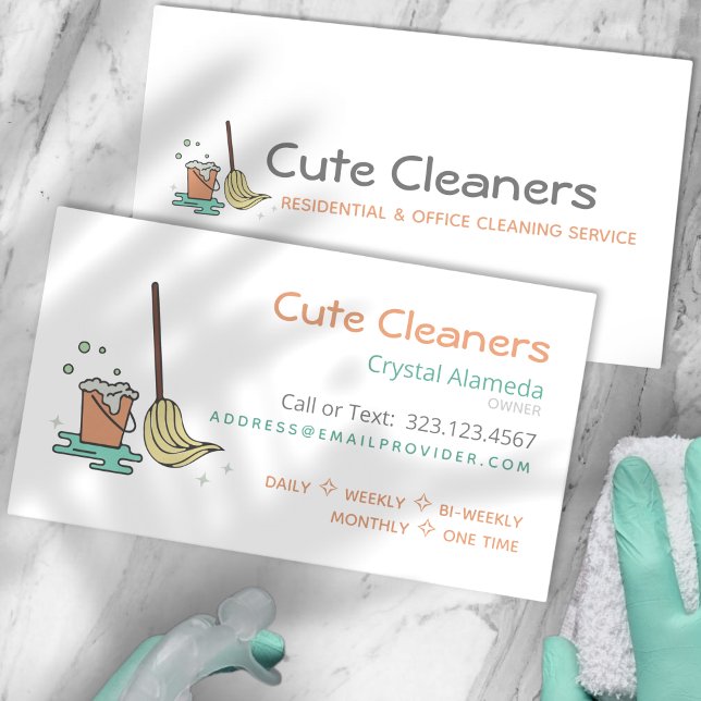 Cute Cleaning Service Mop + Bucket Business Cards (Creator Uploaded)