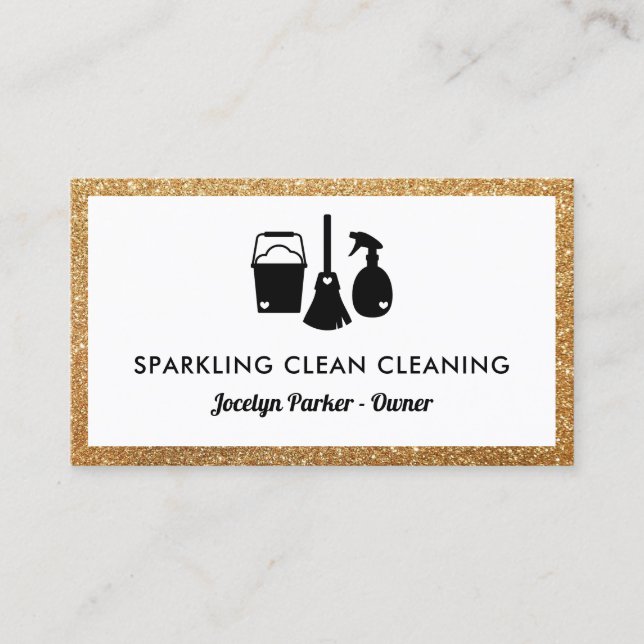 Cute Cleaning Supplies Faux Gold Glitter Cleaner Business Card (Front)