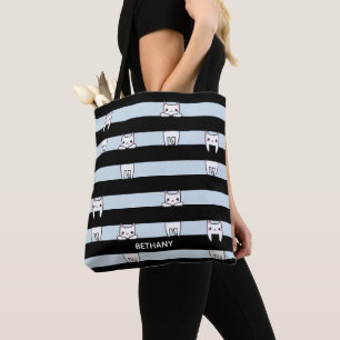 Cute Climbing Cats on Black and Blue Stripes Tote