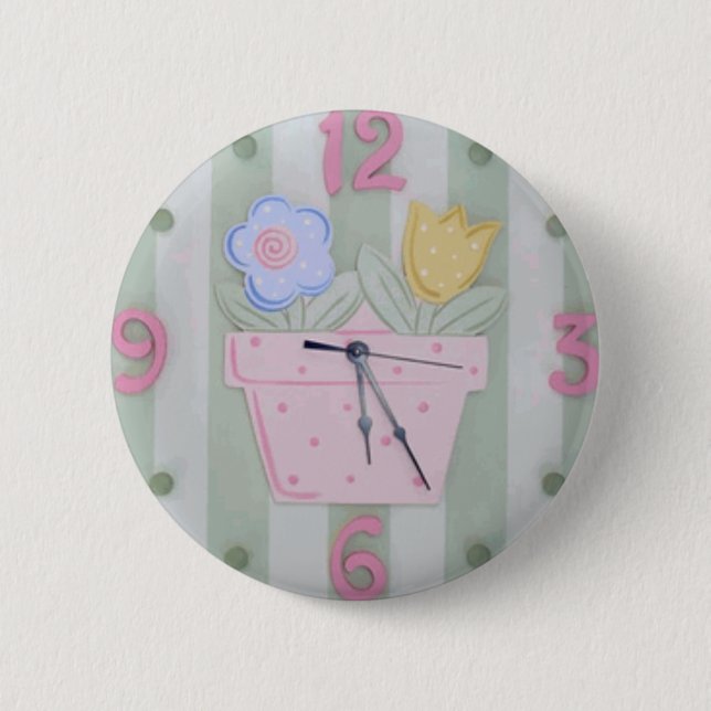 Cute Clock Style Kids Button - Growing Flowers (Front)