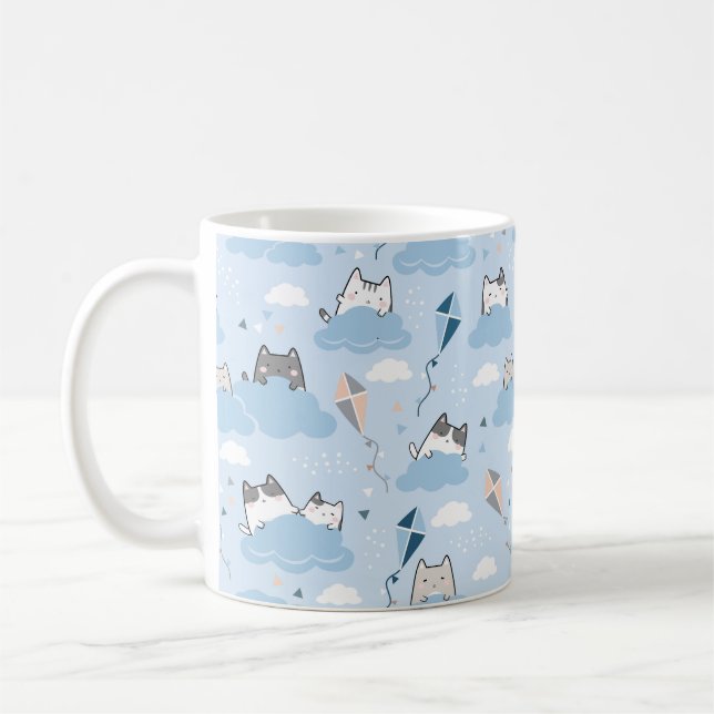 Cute Cloud Cat Mug - Adorable Cats and Kites on Bl (Left)