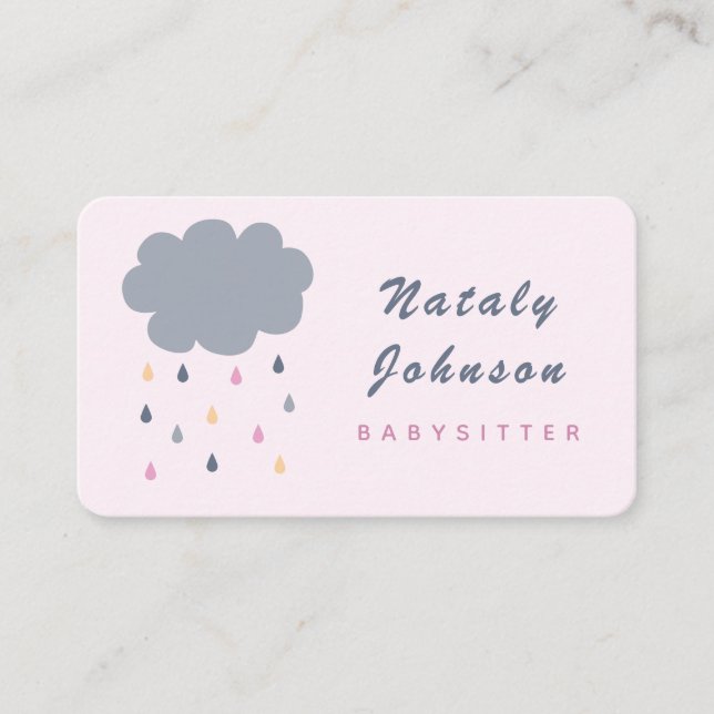 Cute Cloud & Colourful Rain Babysitter Minimalist Business Card (Front)