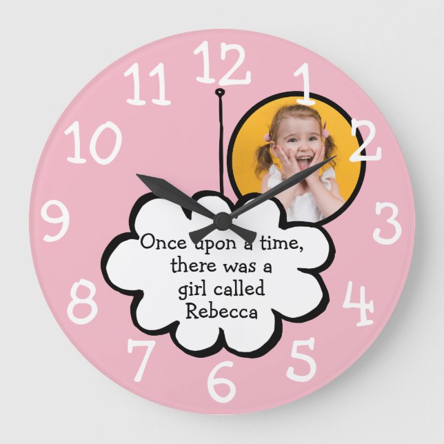 Cute Cloud on a String Personalised Photo Pink Large Clock (Front)
