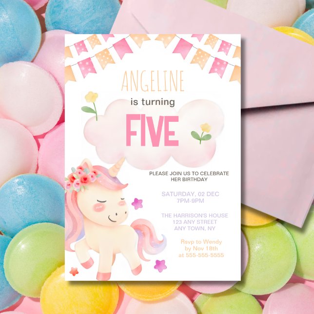Cute Cloud Pink Unicorn Colourful Girl Birthday  Invitation (Creator Uploaded)