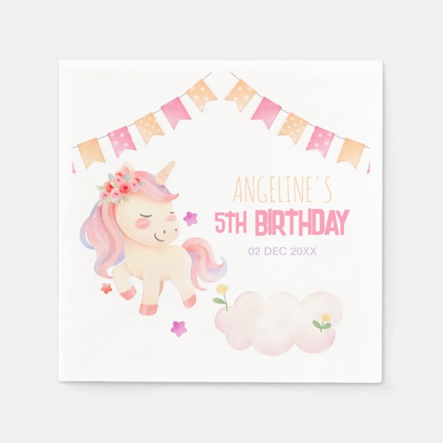 Cute Cloud Pink Unicorn Colourful Girl Birthday  Napkin (Front)