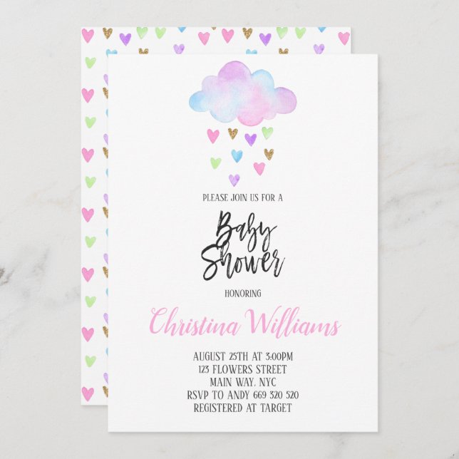 Cute Cloud Rain Rainbow Watercolor Baby Shower Invitation (Front/Back)
