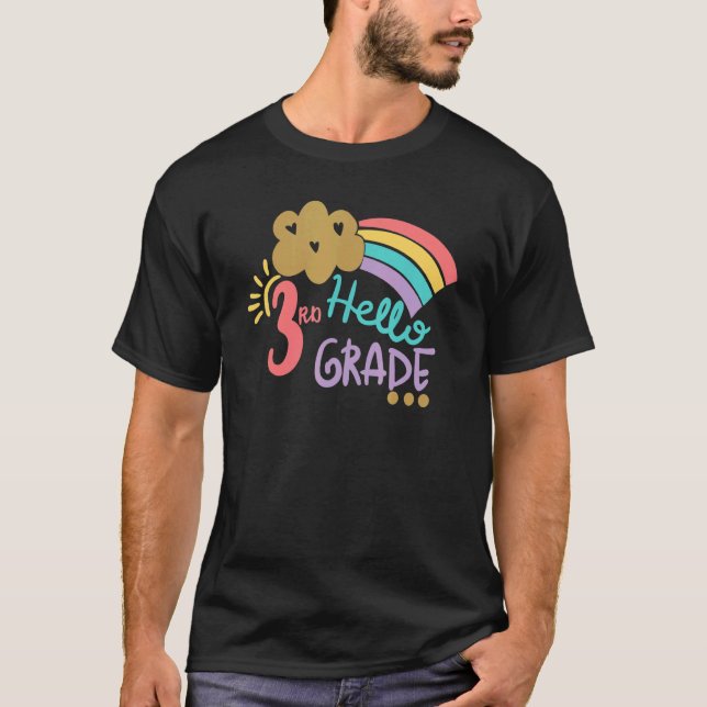 Cute Cloud Rainbow Hello 3rd Grade Teacher Back To T-Shirt (Front)