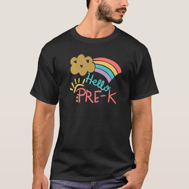Cute Cloud Rainbow Hello Pre K School Teacher Back T-Shirt (Front)