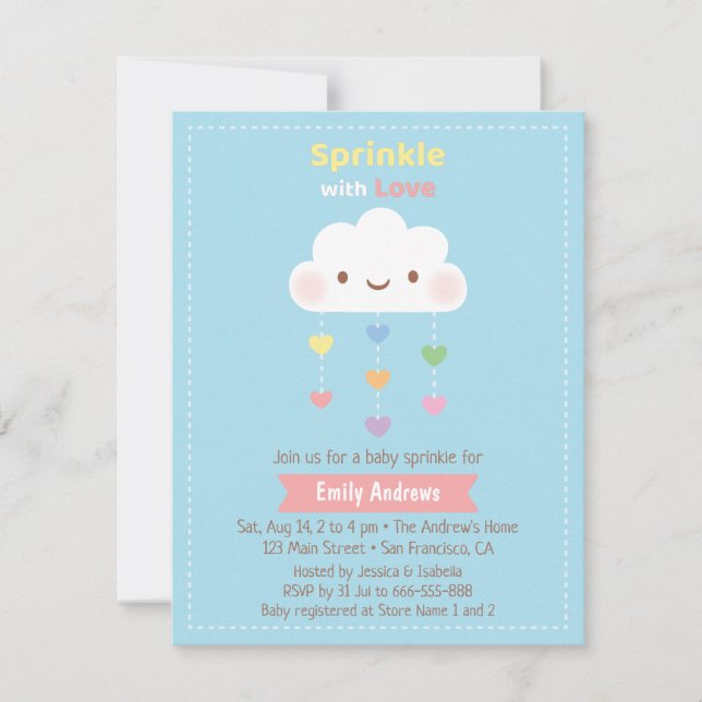 Cute Cloud Sprinkle Rainbow Hearts Baby Shower Invitation (Front)