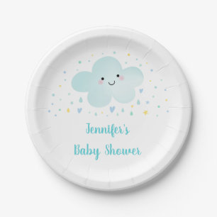 Cute Cloud Stars Blue Baby Sprinkle Paper Plate