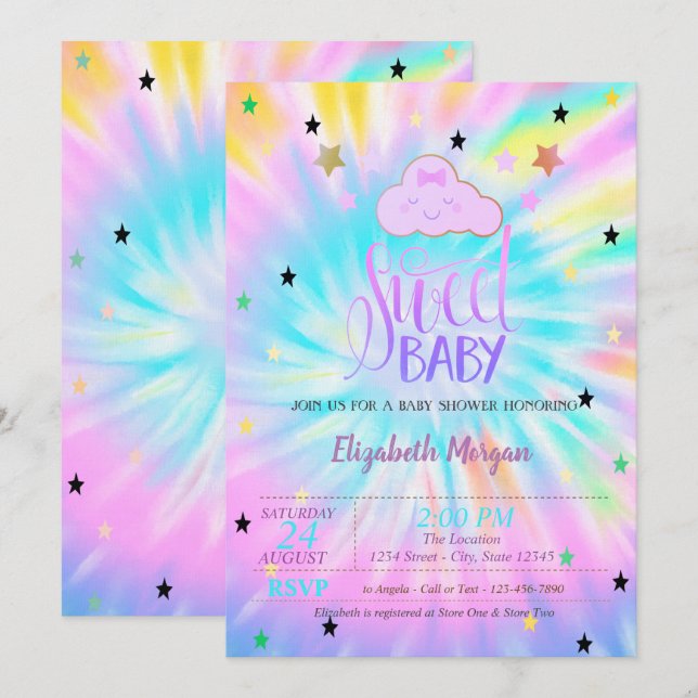 Cute Cloud,Stars,Sweet Baby Tie Dye Baby Shower Invitation (Front/Back)