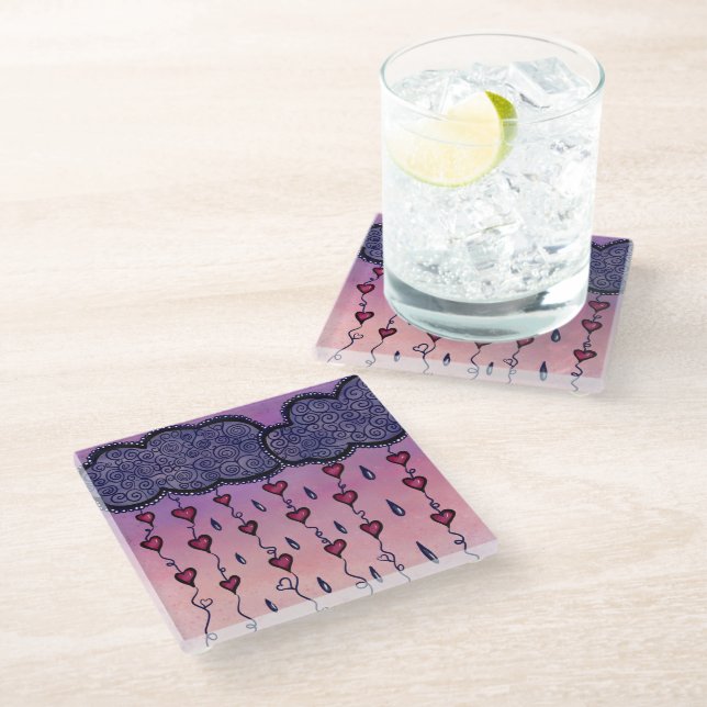 Cute clouds, hearts and raindrops glass coaster (Angled)