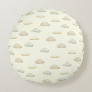 Cute Clouds in Butter Yellow Sky  Round Cushion