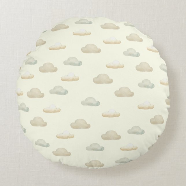 Cute Clouds in Butter Yellow Sky  Round Cushion (Front)