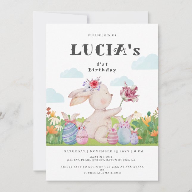 Cute Cloudy Light Blue Easter Bunny Baby Birthday Invitation (Front)