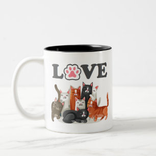 Cute Clowder of Cats Illustration with LOVE Two-Tone Coffee Mug