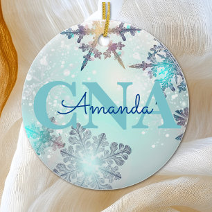 Cute CNA Ice Blue Snowflake Personalised Name  Ceramic Tree Decoration
