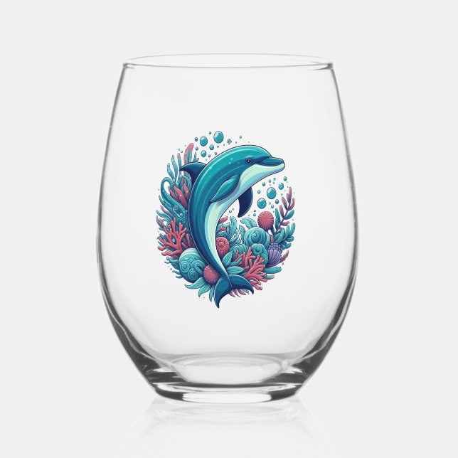 Cute, coastal/nautical dolphin  stemless wine glass (Back)