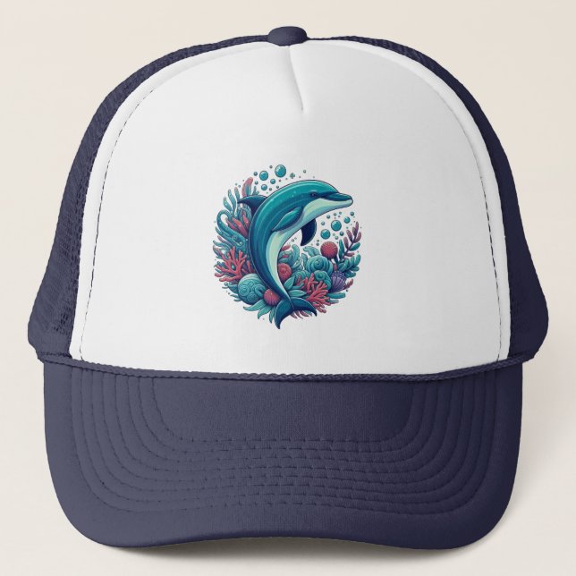 Cute, coastal/nautical dolphin  trucker hat (Front)