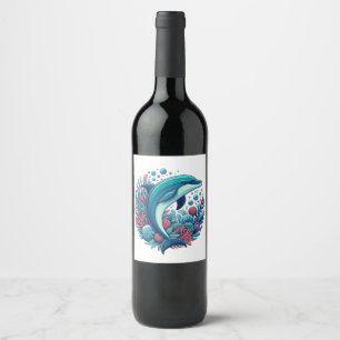 Cute, coastal/nautical dolphin wine label