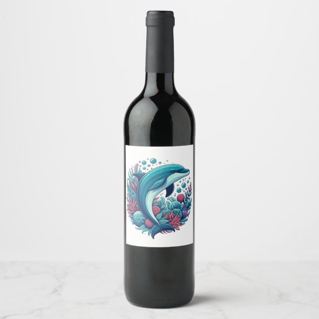 Cute, coastal/nautical dolphin  wine label (Front)