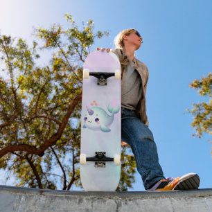 Cute/coastal/nautical narwhal skateboard