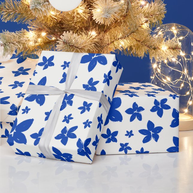 Cute Cobalt Blue Floral Pattern  Wrapping Paper (Holidays)