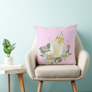 Cute Cockatiel Floral Illustration Cushion