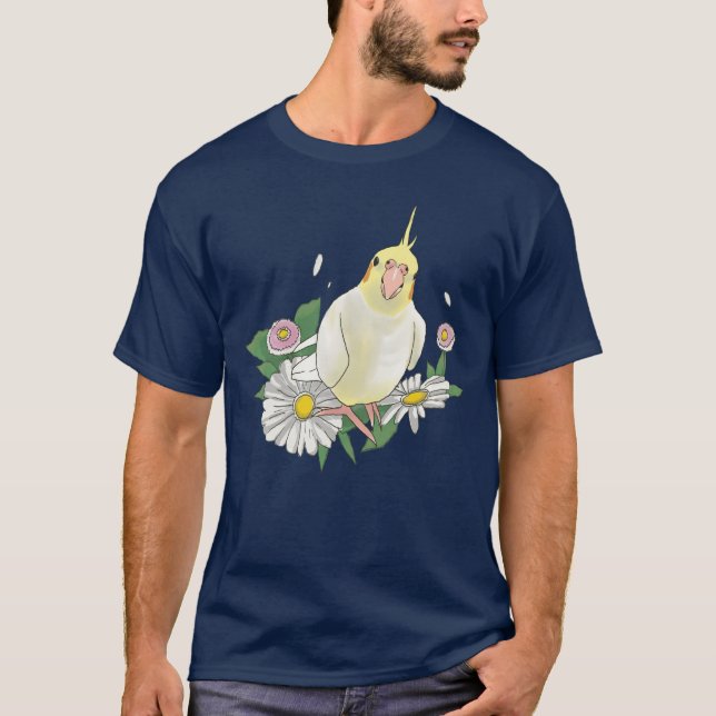Cute Cockatiel Floral Illustration T-Shirt (Front)