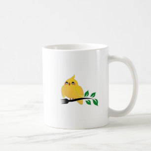 Cute cockatiel holding a fork coffee mug