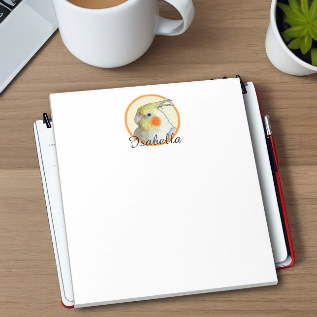 Cute Cockatiel Parrot Fun Bird Lover Perky Yellow Notepad (Personalized cockatiel notepad for parrot lovers and pet bird owners. Cheerful yellow & orange)