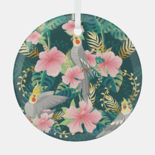 Cute Cockatiel Parrot Vintage Pattern Glass Tree Decoration
