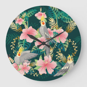 Cute Cockatiel Parrot Vintage Pattern Large Clock