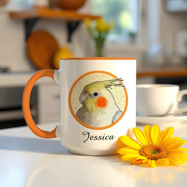 Cute Cockatiel Pet Bird Fun Modern Parrot Portrait Mug (Personalized Cockatiel mug with a cheerful pet bird portrait, framed proudly inside a pop of orange.)