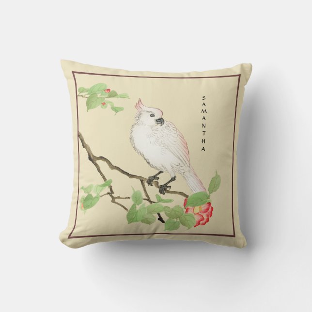 Cute Cockatoo Vintage Japanese Camellia Pillow (Front)