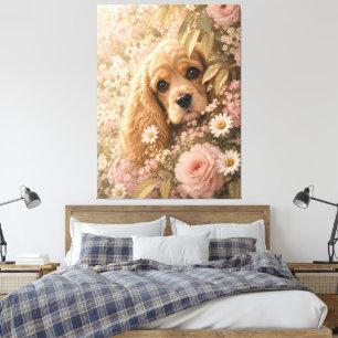Cute Cocker Spaniel Among Flowers Canvas Print