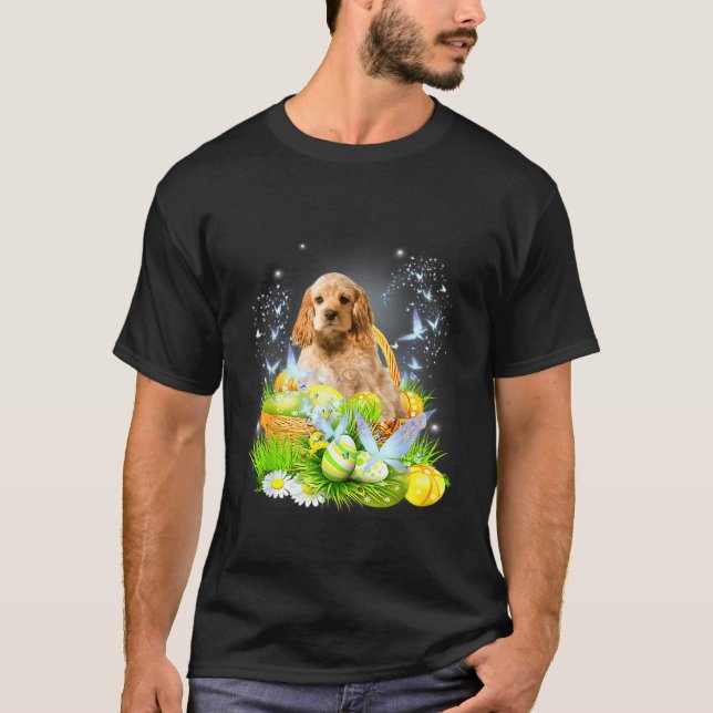 Cute Cocker Spaniel Dog Pet Hunting Egg Tree Bunny T-Shirt (Front)