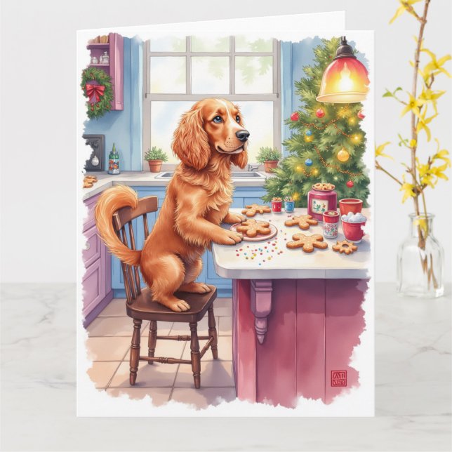 Cute Cocker Spaniel Gingerbread Baking Christmas Card (Yellow Flower)