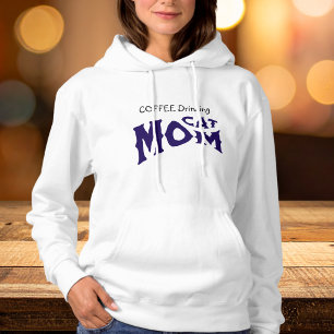 Cute COFFE DRINKING CAT MOM Black/Blue on White  Hoodie