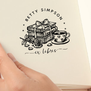 Cute coffee and book Custom ex libris stamp