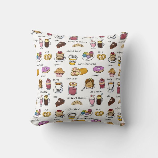 Cute Coffee and Comfort Food Illustrated Pattern Cushion (Front)