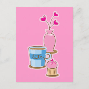 Cute coffee break with latte flowers hearts postcard